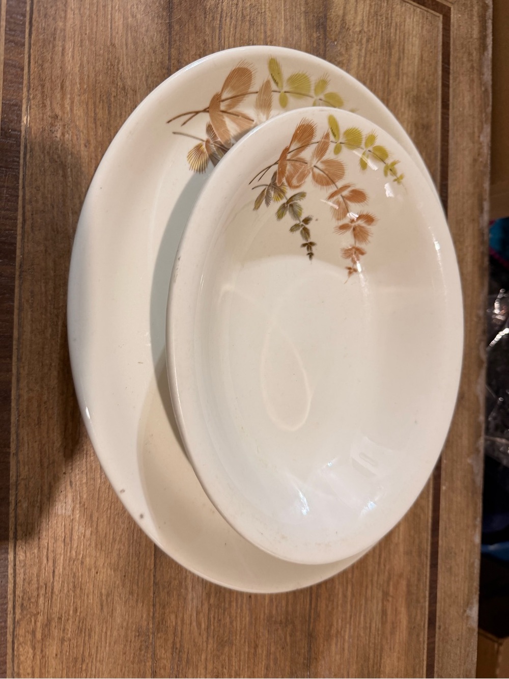 Mayer Cream Ceramic Serving Bowl with Brown Leaf Motif